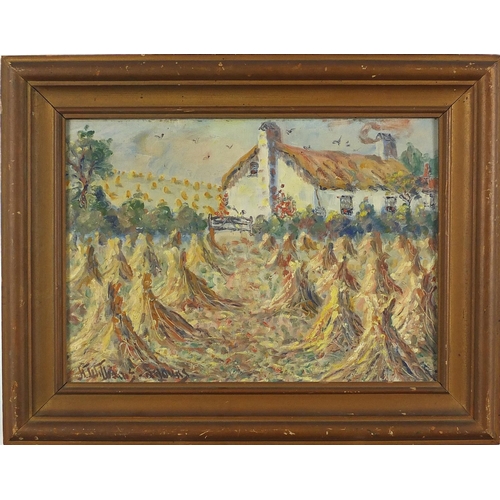 1004 - Cornfields, oil on canvas board, bearing an indistinct signature H William Anouns? and inscription v... 