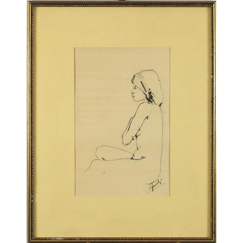 1180 - Seated nude female, ink sketch on paper, bearing an indistinct signature, mounted and framed, 28cm x... 