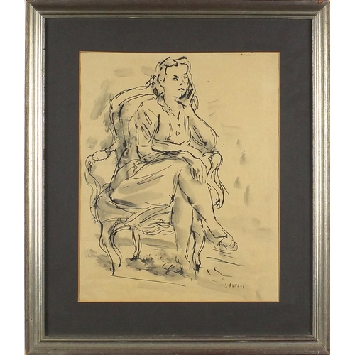 979 - Angelo Savelli - Female seated in an armchair, ink sketch on paper, mounted and framed, 34.5cm x 27.... 