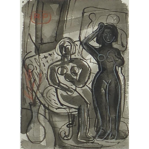 1183 - Abstract composition, nude figures, triptych watercolour and wash, two bearing a monogram RP, mounte... 