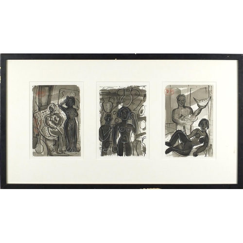 1183 - Abstract composition, nude figures, triptych watercolour and wash, two bearing a monogram RP, mounte... 