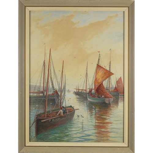 888 - George Henry Jenkins - Moored fishing boats, watercolour on card, mounted and framed, 49cm x 35.5cm