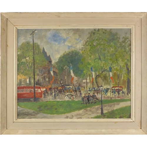 1091 - Edgar Bunce - Amsterdam, impressionist oil on board, inscribed Bexhill Art Society label verso, moun... 