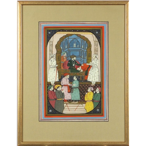 1165 - Figures praying, Indian Mughal school watercolour on silk, mounted and framed, 27cm x 19cm