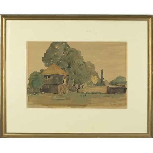 1170 - Frederick Lessore - Surrey farmyard, watercolour on card, inscribed Beaux Arts Gallery label verso, ... 