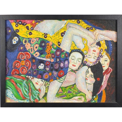 943 - After Gustav Klimt - Abstract composition, five surreal females, oil on canvas, framed, 38.5cm x 29c... 