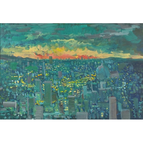 1148 - Eric Sthyr - City by night, oil on board, framed, 58cm x 39.5cm