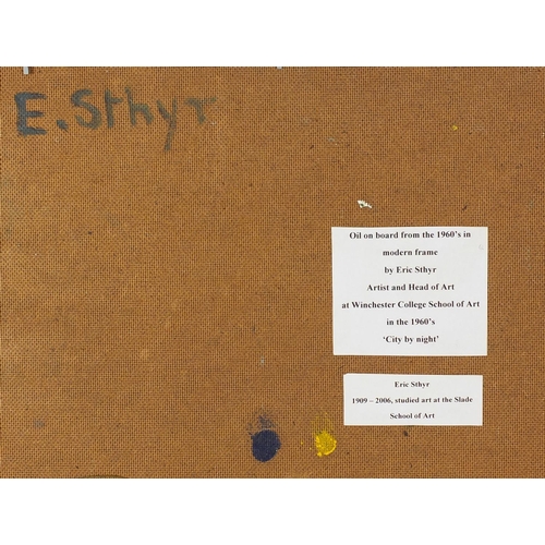 1148 - Eric Sthyr - City by night, oil on board, framed, 58cm x 39.5cm