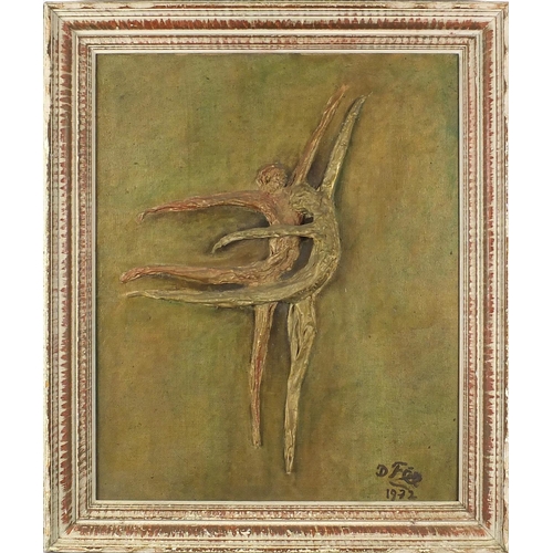 923 - Male and female ballerinas, oil and 3D collage on canvas, bearing a signature D Fee and inscriptions... 