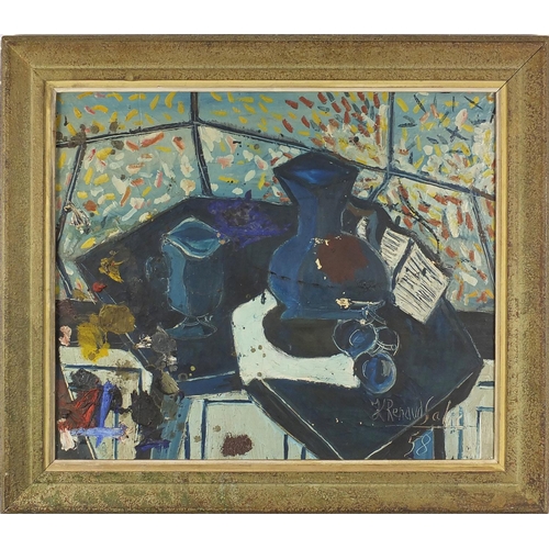 1155 - Abstract composition, still life items on a table, oil on canvas, bearing a signature K Renaud Sales... 