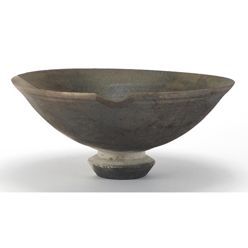 587 - David Howard Jones Raku bowl with flared rim, incised initials around the foot rim, 25.5cm in diamet... 