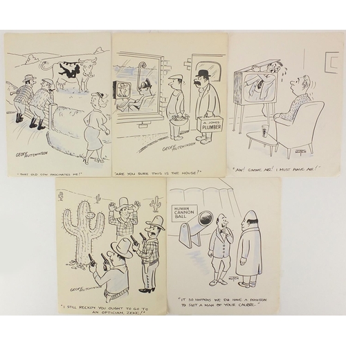 1224 - Geoff Hutchinson - Five original cartoon ink illustrations including cowboy examples, all unframed, ... 