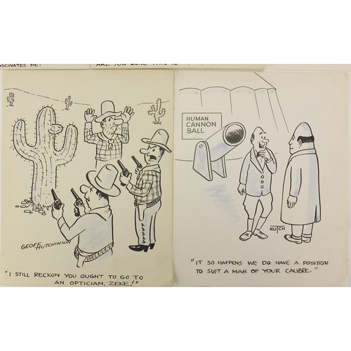 1224 - Geoff Hutchinson - Five original cartoon ink illustrations including cowboy examples, all unframed, ... 