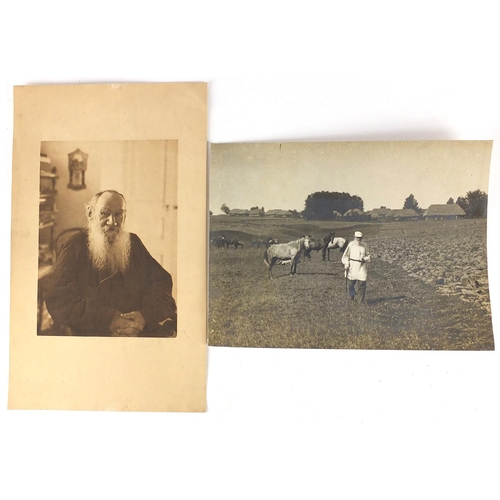 173 - Black and white photograph of Leo Tolstoy, Russian writer in a field with cattle and a portrait of T... 