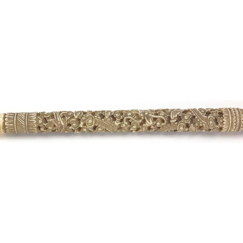 442 - Two Chinese Canton ivory parasol handles, both carved with dragons and phoenix's, the largest 37.5cm... 