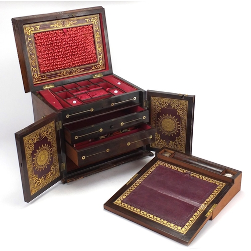 101 - Victorian rosewood writing and sewing box with mother of pearl inlay and tooled leather inserts, ope... 