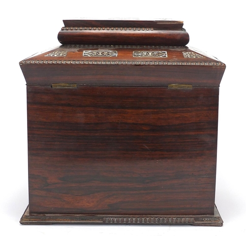 101 - Victorian rosewood writing and sewing box with mother of pearl inlay and tooled leather inserts, ope... 