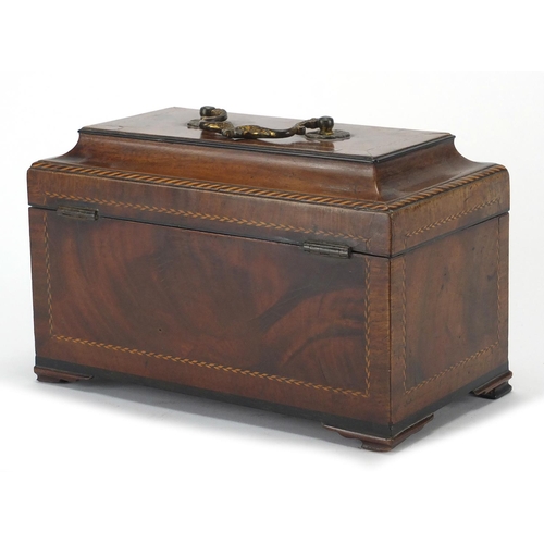 104 - Victorian inlaid mahogany caddy box with fitted interior, on bracket feet, 15.5cm H x 24cm W x 13cm ... 