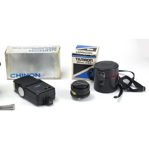 127 - Miranda 35mm Reflex camera, two Tamron lenses and a Chinon electronic strobe, all boxed, the camera ... 