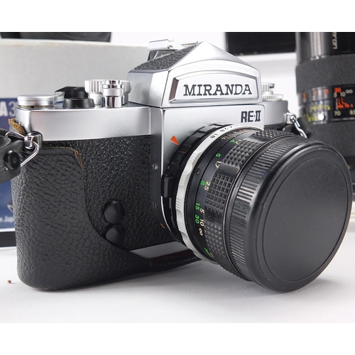 127 - Miranda 35mm Reflex camera, two Tamron lenses and a Chinon electronic strobe, all boxed, the camera ... 