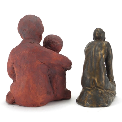 595 - Style of Bernhard Hoetger, two bronzed pottery statues, one of a seated nude male the other of a fat... 