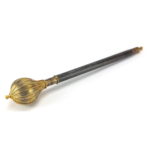 463 - Ottoman iron mace, with gold inlaid decoration and wooden handle, 60cm in length