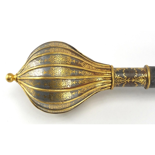 463 - Ottoman iron mace, with gold inlaid decoration and wooden handle, 60cm in length