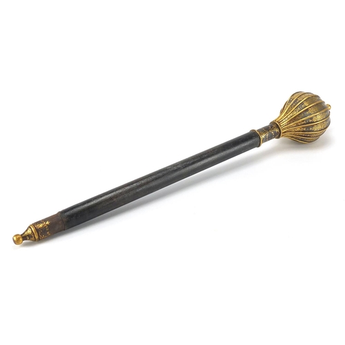 463 - Ottoman iron mace, with gold inlaid decoration and wooden handle, 60cm in length