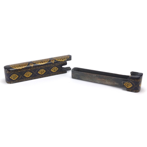 480 - Turkish wooden pen holder with gilded decoration, 27.5cm in length