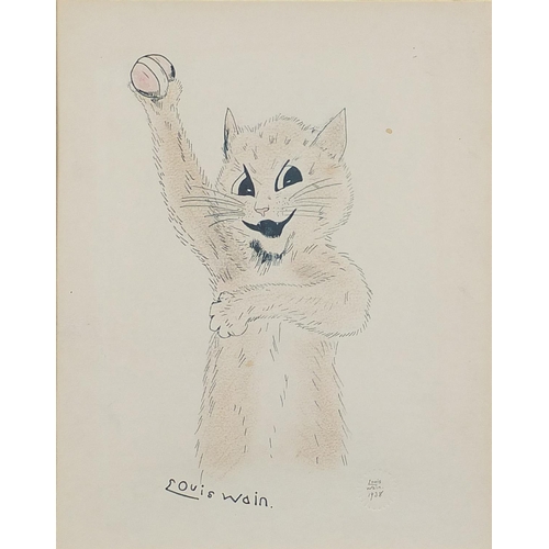 904 - Attributed to Louis Wain - The cricketing cat, dated 1938 with stamp, pen and watercolour on paper, ... 