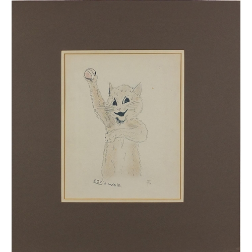 904 - Attributed to Louis Wain - The cricketing cat, dated 1938 with stamp, pen and watercolour on paper, ... 