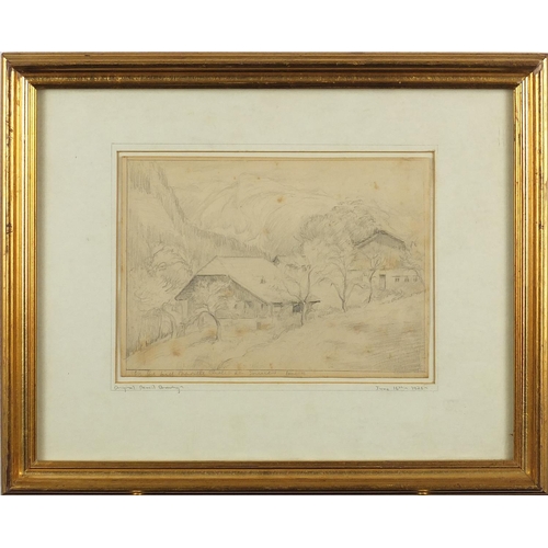 1086 - Four 1920's pencil drawings, each titled to the margins including Grand Hotel Chalet, each mounted a... 