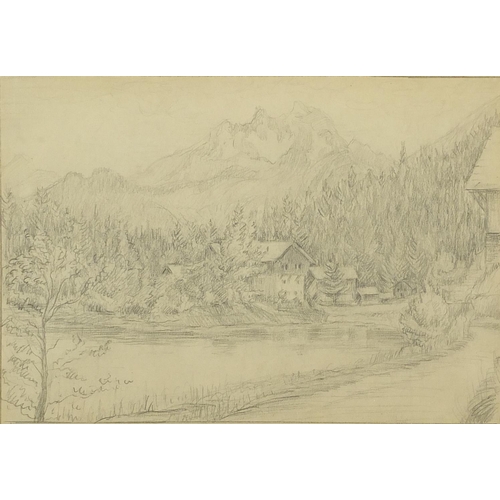 1086 - Four 1920's pencil drawings, each titled to the margins including Grand Hotel Chalet, each mounted a... 