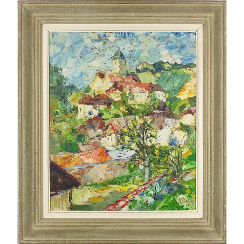 933 - Continental landscape with buildings, mid 20th century oil on board, bearing a signature Vienne and ... 