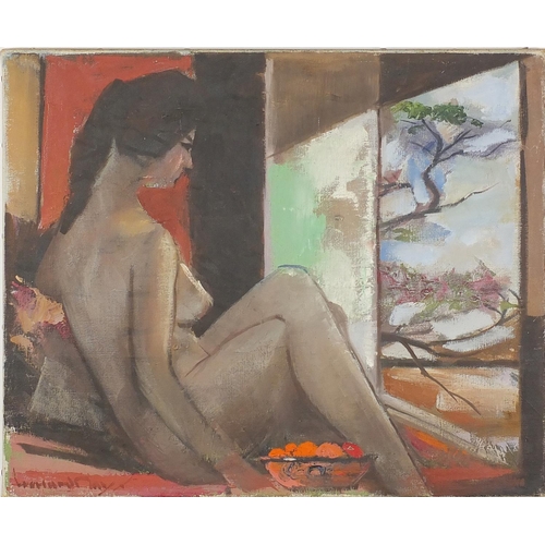 964 - Nude female in an interior looking out of a window, impressionist oil on canvas, bearing an indistin... 