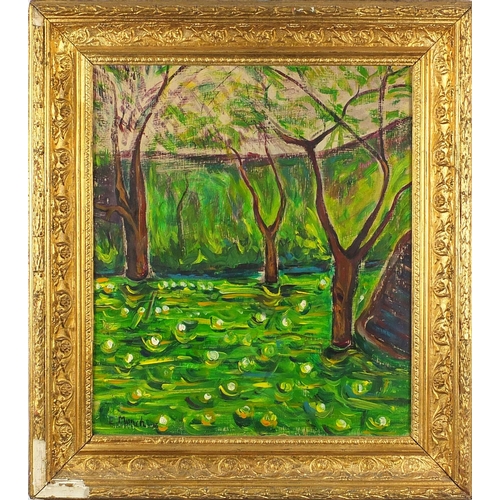 930 - After Edvard Munch - Swaying trees, oil on board, stamps verso, framed, 38.5cm x 33cm