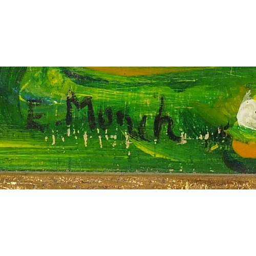 930 - After Edvard Munch - Swaying trees, oil on board, stamps verso, framed, 38.5cm x 33cm