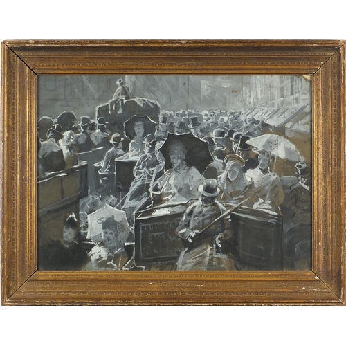 907A - Attributed to Lucien Davis - Picadilly rush hour, heightened watercolour wash, inscribed verso, fram... 