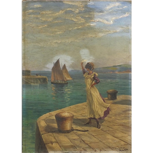 1005 - James Lynn Pitt - Waving fishing fleet goodbye, oil on canvas, unframed, 35.5cm x 25.5cm