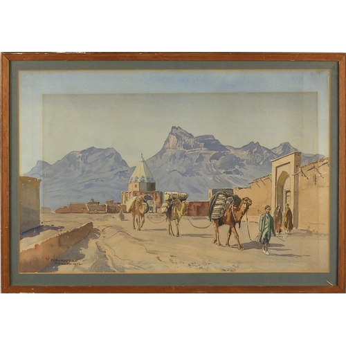 1160 - Yervand Nahapetian 1952 - Isfahaan with camels, watercolour, mounted and framed, 46.5cm x 30.5cm