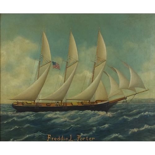 935 - Freddie L Porter, portrait of a ship with American flag, oil on canvas, mounted and framed, 58cm x 4... 