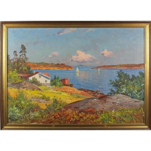 1139 - Continental coastal scene, oil on canvas, bearing an indistinct signature to the lower left, framed,... 