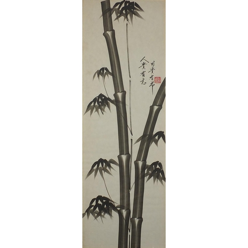 461 - Three Chinese watercolours, two of bamboo and one of a bird on a branch, all with character marks an... 