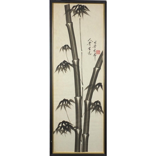 461 - Three Chinese watercolours, two of bamboo and one of a bird on a branch, all with character marks an... 