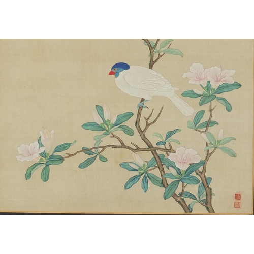 461 - Three Chinese watercolours, two of bamboo and one of a bird on a branch, all with character marks an... 