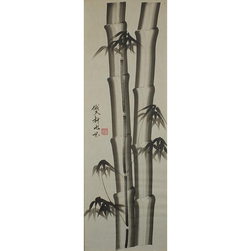 461 - Three Chinese watercolours, two of bamboo and one of a bird on a branch, all with character marks an... 