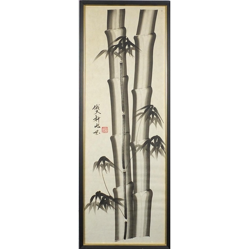 461 - Three Chinese watercolours, two of bamboo and one of a bird on a branch, all with character marks an... 