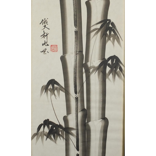 461 - Three Chinese watercolours, two of bamboo and one of a bird on a branch, all with character marks an... 