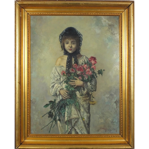 877 - Young girl holding flowers, Russian school oil on board, bearing a signature Harlenof and inscriptio... 