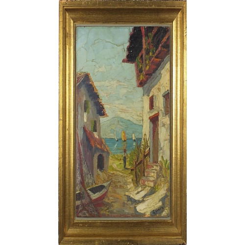 1181 - After Charles Camoin - Continental coastal scene, oil on board, inscribed verso, framed, 41cm x 31cm